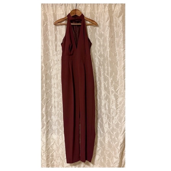 Topshop Plunge V Neck Maroon Jumpsuit Halter Sleeveless Straight Leg - Picture 3 of 11